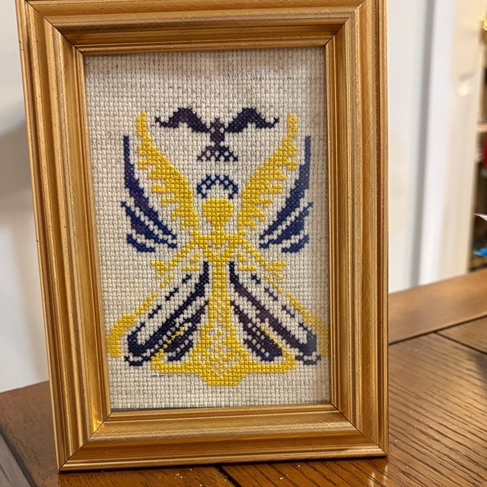 Framed Cross-Stitch Angel Art with Gold Frame